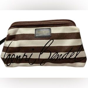 Henri Bendel brown and white striped canvas cosmetic bag/ Clutch Bag  10” x 5”